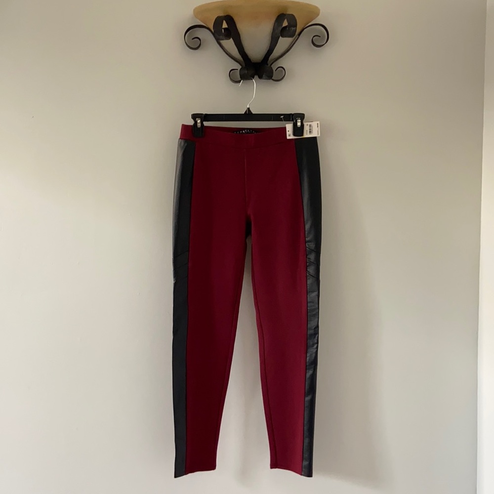 Maroon/burgundy with black faux leather pants